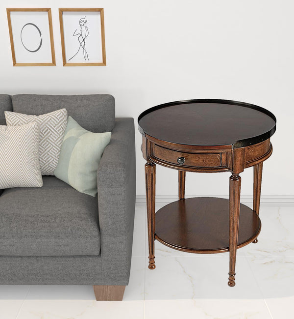 Homeroots 26" Medium Brown Manufactured Wood Round End Table With Drawer And Shelf   488896