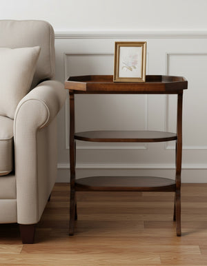 HomeRoots 28" Rustic Dark Brown Octagonal End Table with Two Shelves for Stylish Storage & Display Options 488898