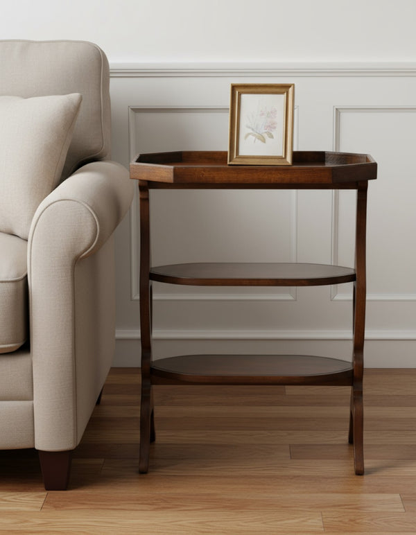 HomeRoots 28" Rustic Dark Brown Octagonal End Table with Two Shelves for Stylish Storage & Display Options 488898