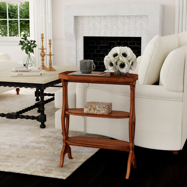 HomeRoots 28" Medium Brown Octagon End Table - Rustic Charm with 2 Shelves for Stylish Storage & Versatility 488899