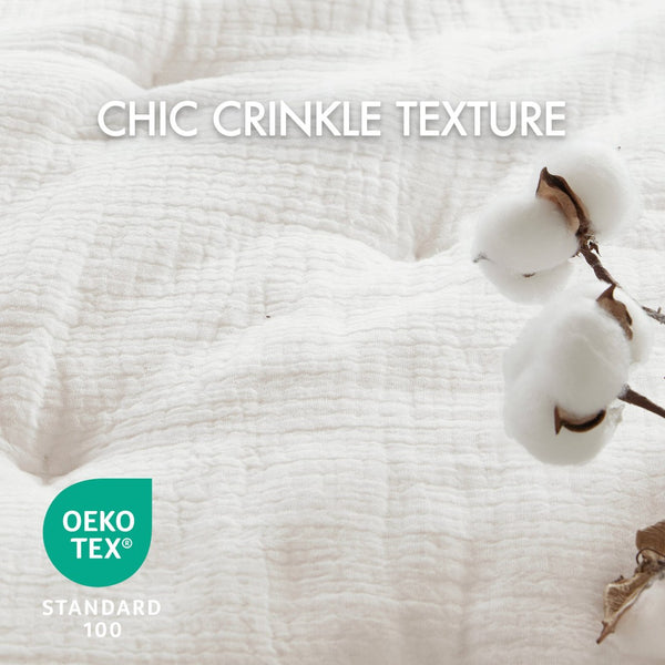 English Elm 3-piece Cotton Muslin Quilt Set Crinkled Texture Embroidered Tacking Breathable Bedding White B035P408347