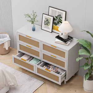 English Elm 43.31"6-Drawers Rattan Storage Cabinet with Woven Fronts, Stable White Dresser for Bedroom & Living Room W757P234587
