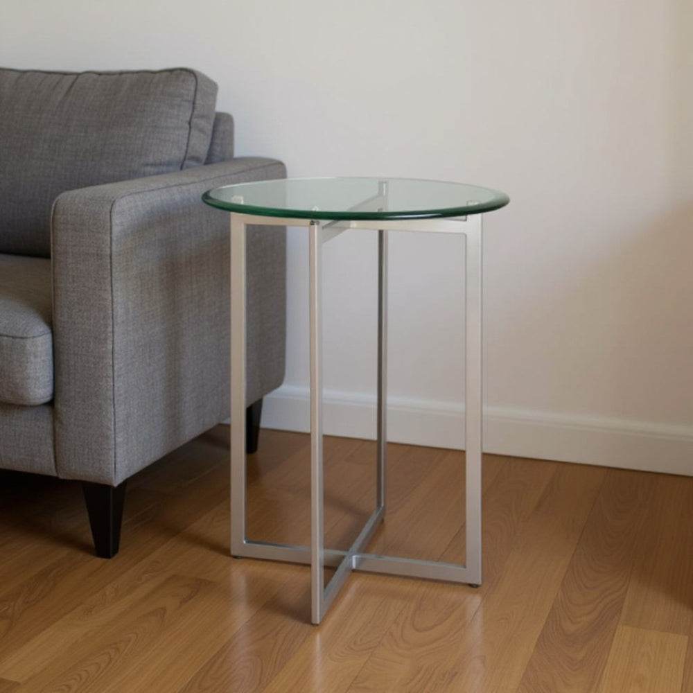 HomeRoots 21" Modern Clear Glass Round End Table with Sleek Stainless Steel Base for Stylish Living Spaces 488902