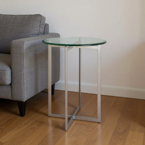 HomeRoots 21" Modern Clear Glass Round End Table with Sleek Stainless Steel Base for Stylish Living Spaces 488902