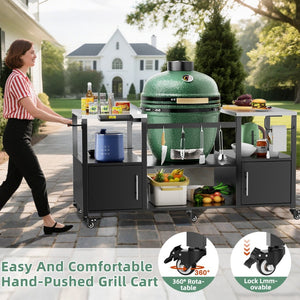 English Elm Outdoor Heavy Duty Steel Kamado Grill Cart with Locking Casters and Storage Boxes W3190P305792