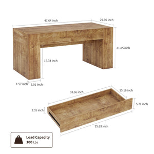 English Elm 48" Farmhouse Rectangle Wood Coffee Table with Hidden Drawer and Open Lower Shelf W3204P401251