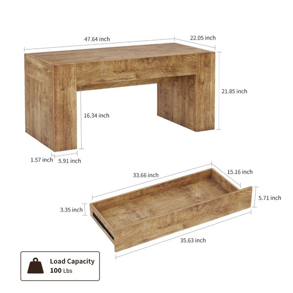 English Elm 48" Farmhouse Rectangle Wood Coffee Table with Hidden Drawer and Open Lower Shelf W3204P401251