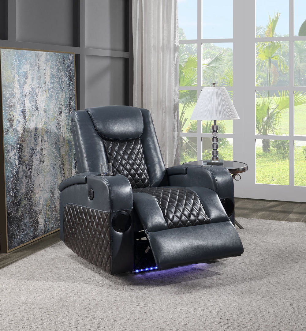English Elm Blue Modern Power Recliner with LED, Bluetooth Speakers, Wireless Charger, Cooling Cup Holder Bliss B062P215428