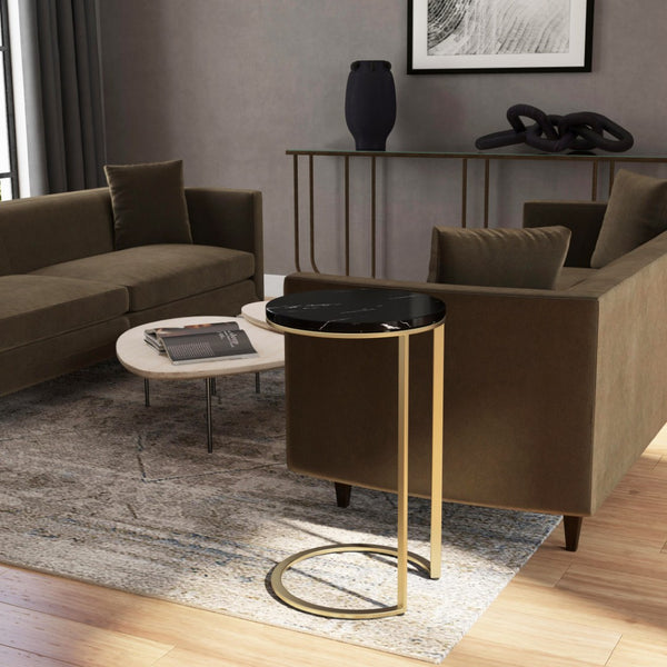 HomeRoots 28" Black Marble Round End Table - Elegant Accent for Living Room, Entryway, or Bedroom Décor 488921