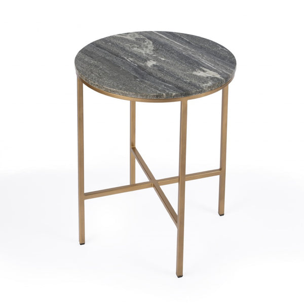 HomeRoots 23" Vintage Brass & Gray Marble Round End Table - Elegant Accent for Living Room, Bedroom & Entryway 488930