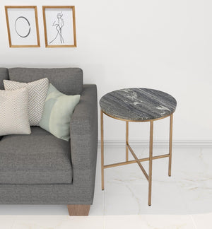 HomeRoots 23" Vintage Brass & Gray Marble Round End Table - Elegant Accent for Living Room, Bedroom & Entryway 488930