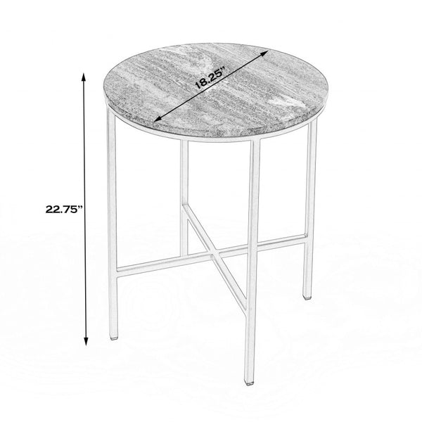 HomeRoots 23" Vintage Brass & Gray Marble Round End Table - Elegant Accent for Living Room, Bedroom & Entryway 488930