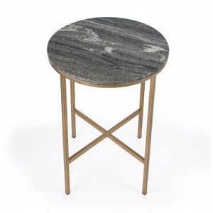 HomeRoots 23" Vintage Brass & Gray Marble Round End Table - Elegant Accent for Living Room, Bedroom & Entryway 488930