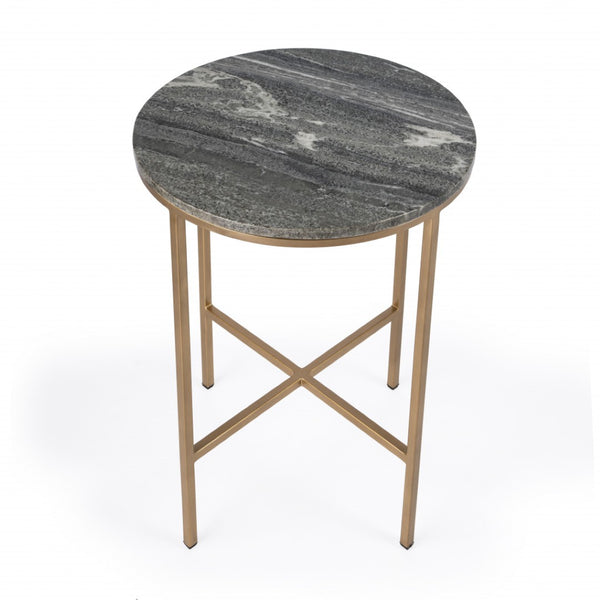 HomeRoots 23" Vintage Brass & Gray Marble Round End Table - Elegant Accent for Living Room, Bedroom & Entryway 488930