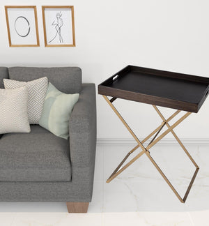 Homeroots 27" Gold And Walnut Solid Wood Rectangular End Table   488931