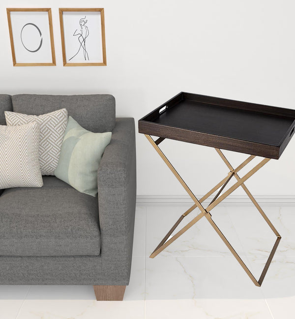 Homeroots 27" Gold And Walnut Solid Wood Rectangular End Table   488931