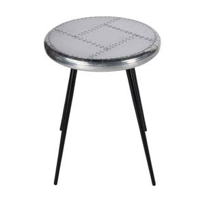 HomeRoots 23" Silver Round End Table - Chic Industrial Design with Aviator Patchwork for Modern Spaces 488936
