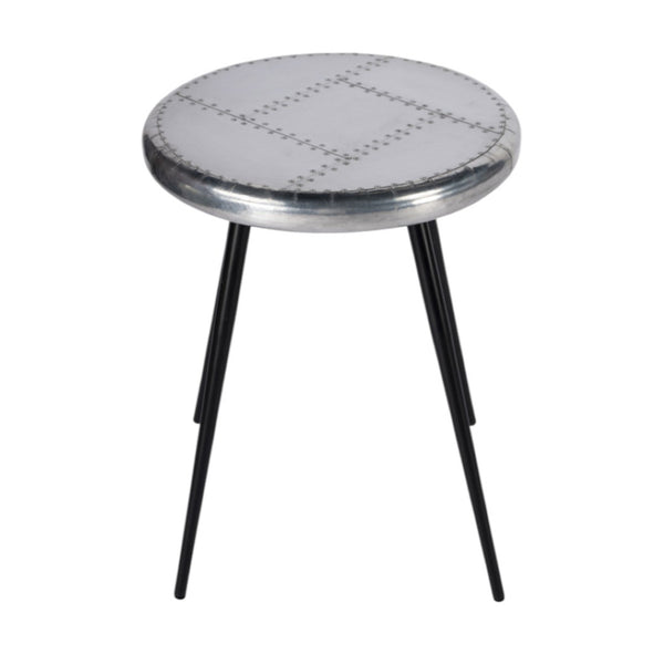 HomeRoots 23" Silver Round End Table - Chic Industrial Design with Aviator Patchwork for Modern Spaces 488936