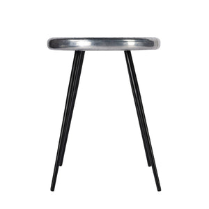 HomeRoots 23" Silver Round End Table - Chic Industrial Design with Aviator Patchwork for Modern Spaces 488936