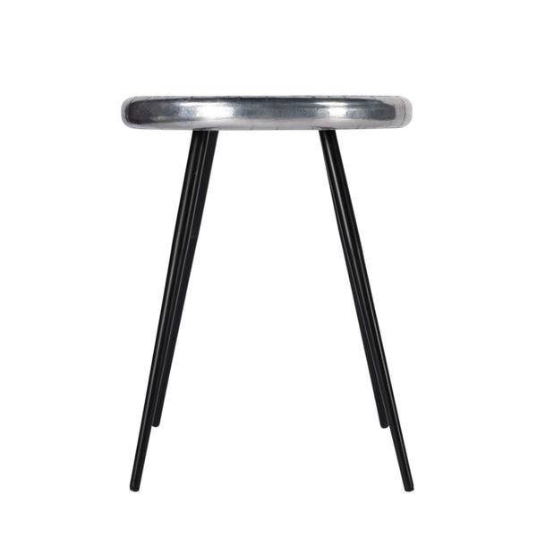 HomeRoots 23" Silver Round End Table - Chic Industrial Design with Aviator Patchwork for Modern Spaces 488936