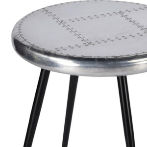 HomeRoots 23" Silver Round End Table - Chic Industrial Design with Aviator Patchwork for Modern Spaces 488936