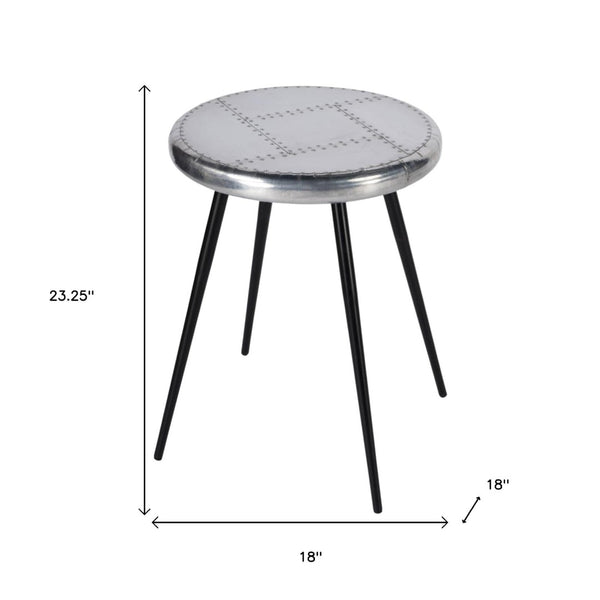 HomeRoots 23" Silver Round End Table - Chic Industrial Design with Aviator Patchwork for Modern Spaces 488936