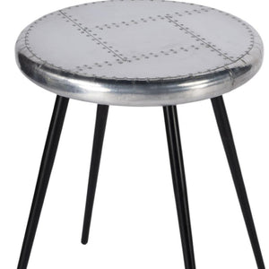 HomeRoots 23" Silver Round End Table - Chic Industrial Design with Aviator Patchwork for Modern Spaces 488936