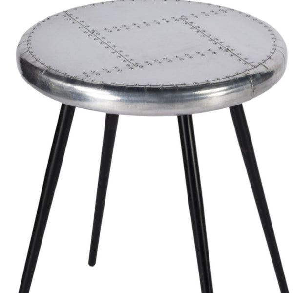 HomeRoots 23" Silver Round End Table - Chic Industrial Design with Aviator Patchwork for Modern Spaces 488936