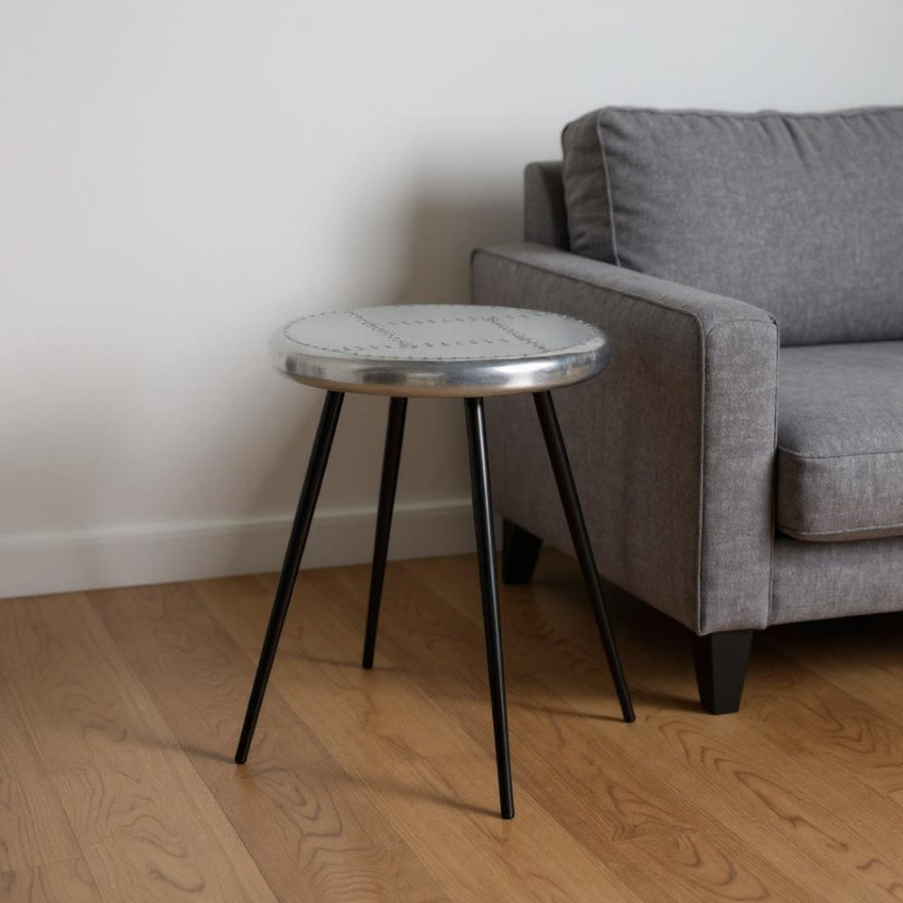 HomeRoots 23" Silver Round End Table - Chic Industrial Design with Aviator Patchwork for Modern Spaces 488936