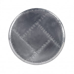 HomeRoots 23" Silver Round End Table - Chic Industrial Design with Aviator Patchwork for Modern Spaces 488936