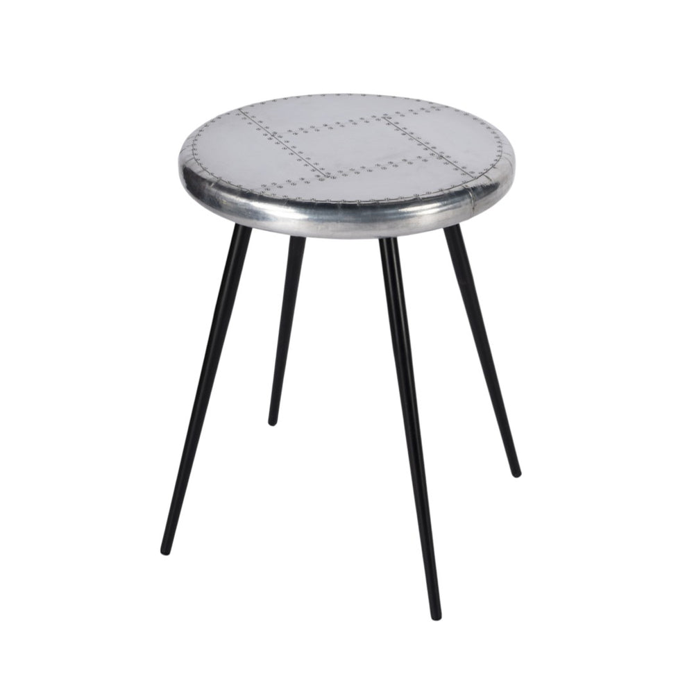 HomeRoots 23" Silver Round End Table - Chic Industrial Design with Aviator Patchwork for Modern Spaces 488936