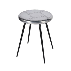 HomeRoots 23" Silver Round End Table - Chic Industrial Design with Aviator Patchwork for Modern Spaces 488936