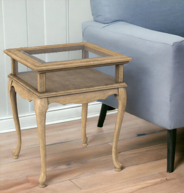 Homeroots 25" Beige Distressed Glass And Solid Wood End Table   488943