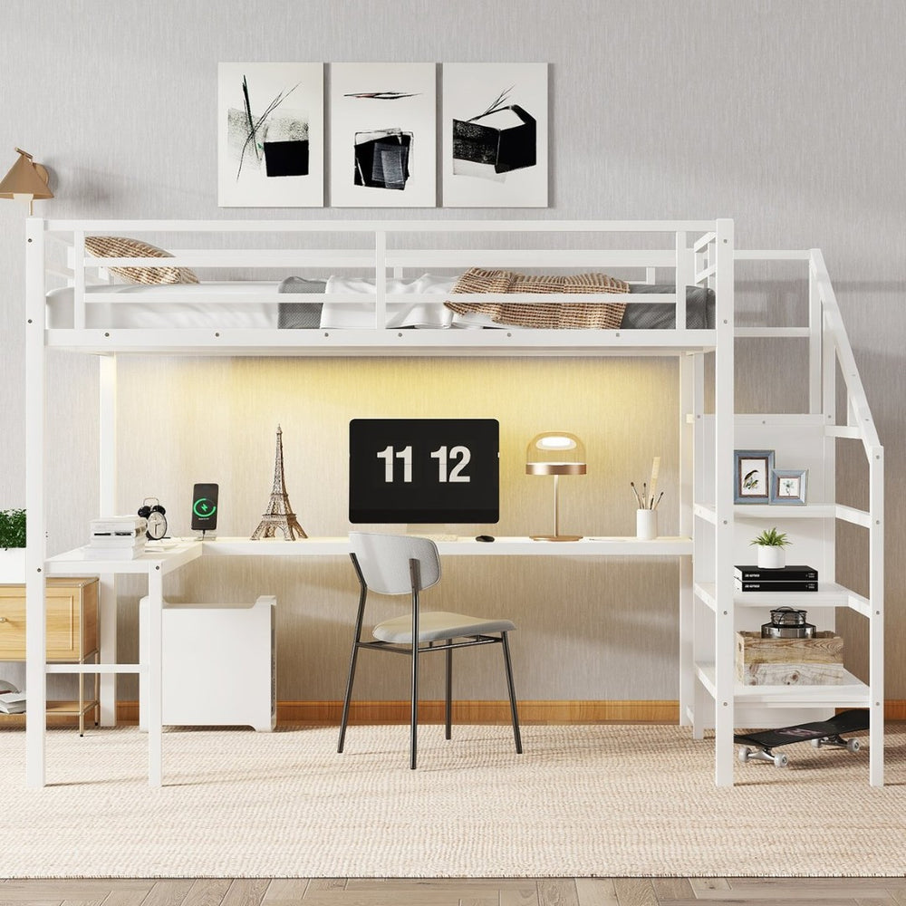 English Elm W00092aak-2 Metal Twin Xl Loft Bed with Wardrobe Desk Led Lighting and Stair Storage W1580P309649