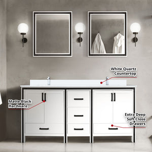 English Elm White Double Bath Vanity 72 in. W x 22 in. D with White Quartz Top, Chrome Faucets & 30" Mirrors Durable Finish and Scratch-Resistant Surface for Long-Lasting Use B2731S01129