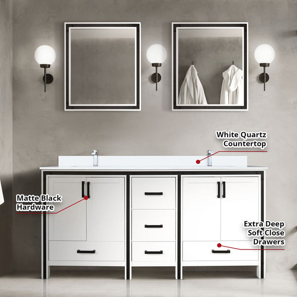 English Elm White Double Bath Vanity 72 in. W x 22 in. D with White Quartz Top, Chrome Faucets & 30" Mirrors Durable Finish and Scratch-Resistant Surface for Long-Lasting Use B2731S01129
