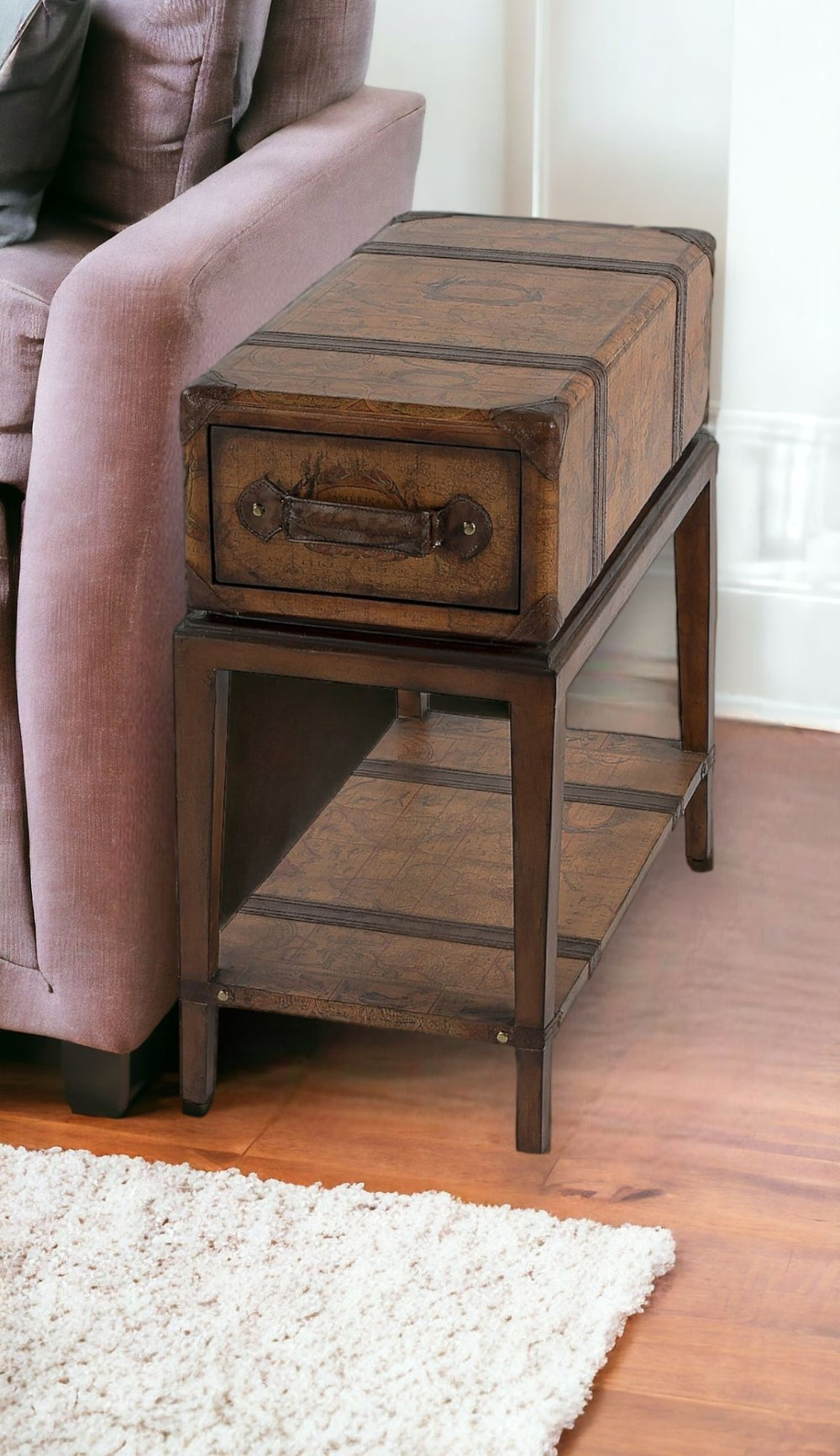 HomeRoots 24" Vintage Old World Map End Table with Drawer, Shelf & Rustic Charm for Stylish Storage Solutions 488974