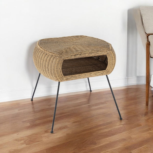 Homeroots 24" Black And Brown Distressed Rattan And Iron Round End Table With Shelf   488975