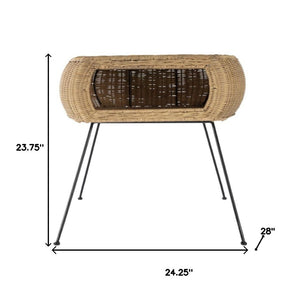 HomeRoots 24" Distressed Rattan & Iron Round End Table with Shelf - Tropical Elegance for Any Space 488975