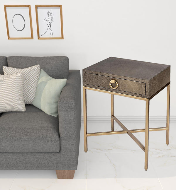 Homeroots 27" Gold And Brown Shagreen Faux Leather End Table With Drawer   488977