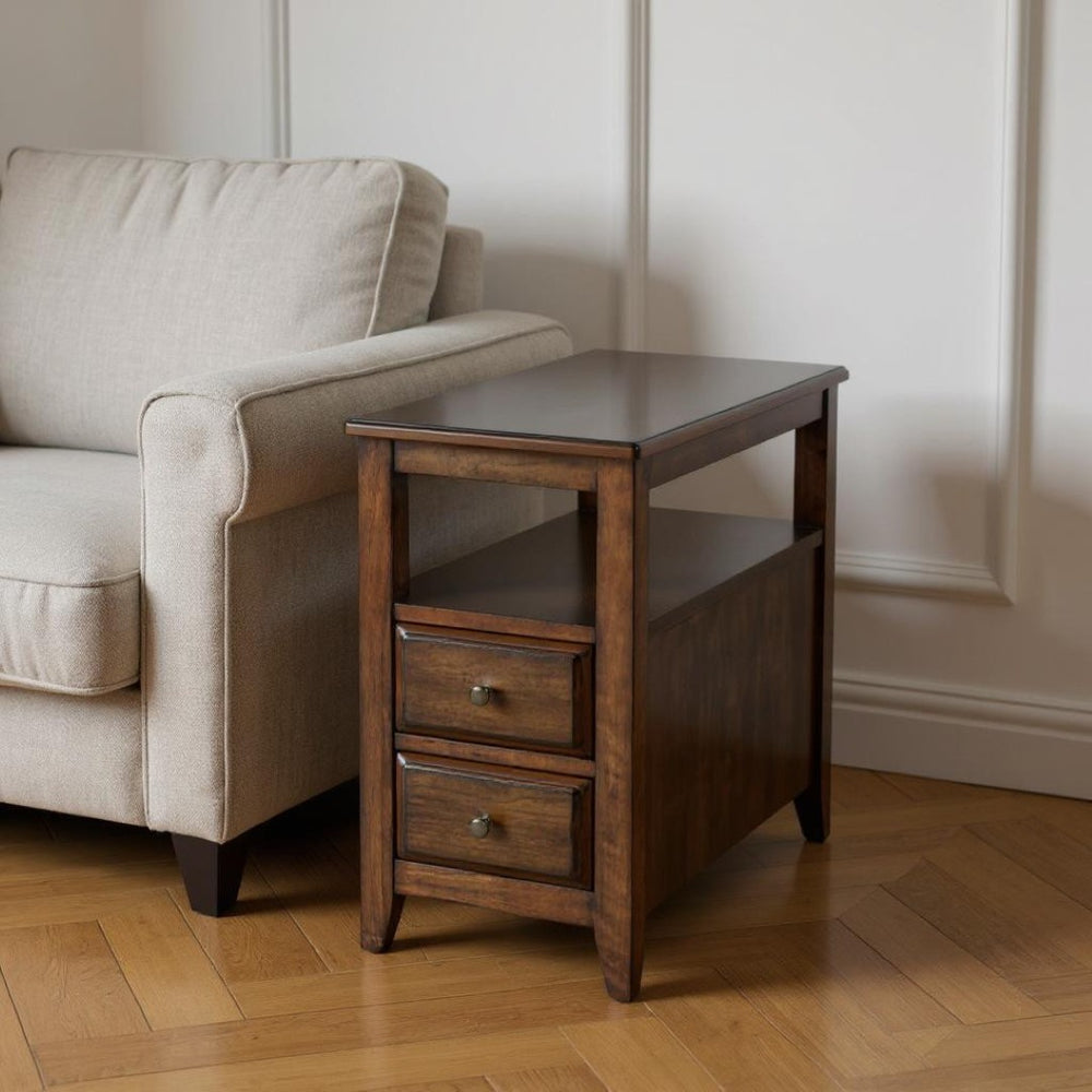 HomeRoots 24" Brown Distressed End Table – Vintage Charm with Two Drawers & Shelf for Stylish Storage Solutions 488985