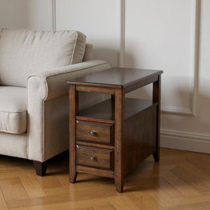 HomeRoots 24" Brown Distressed End Table – Vintage Charm with Two Drawers & Shelf for Stylish Storage Solutions 488985