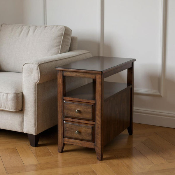 HomeRoots 24" Brown Distressed End Table – Vintage Charm with Two Drawers & Shelf for Stylish Storage Solutions 488985