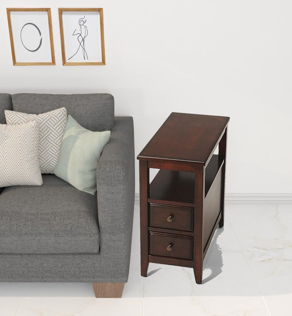 HomeRoots 24" Dark Brown End Table with Vintage Charm, Two Drawers, and Open Shelf for Versatile Storage 488986