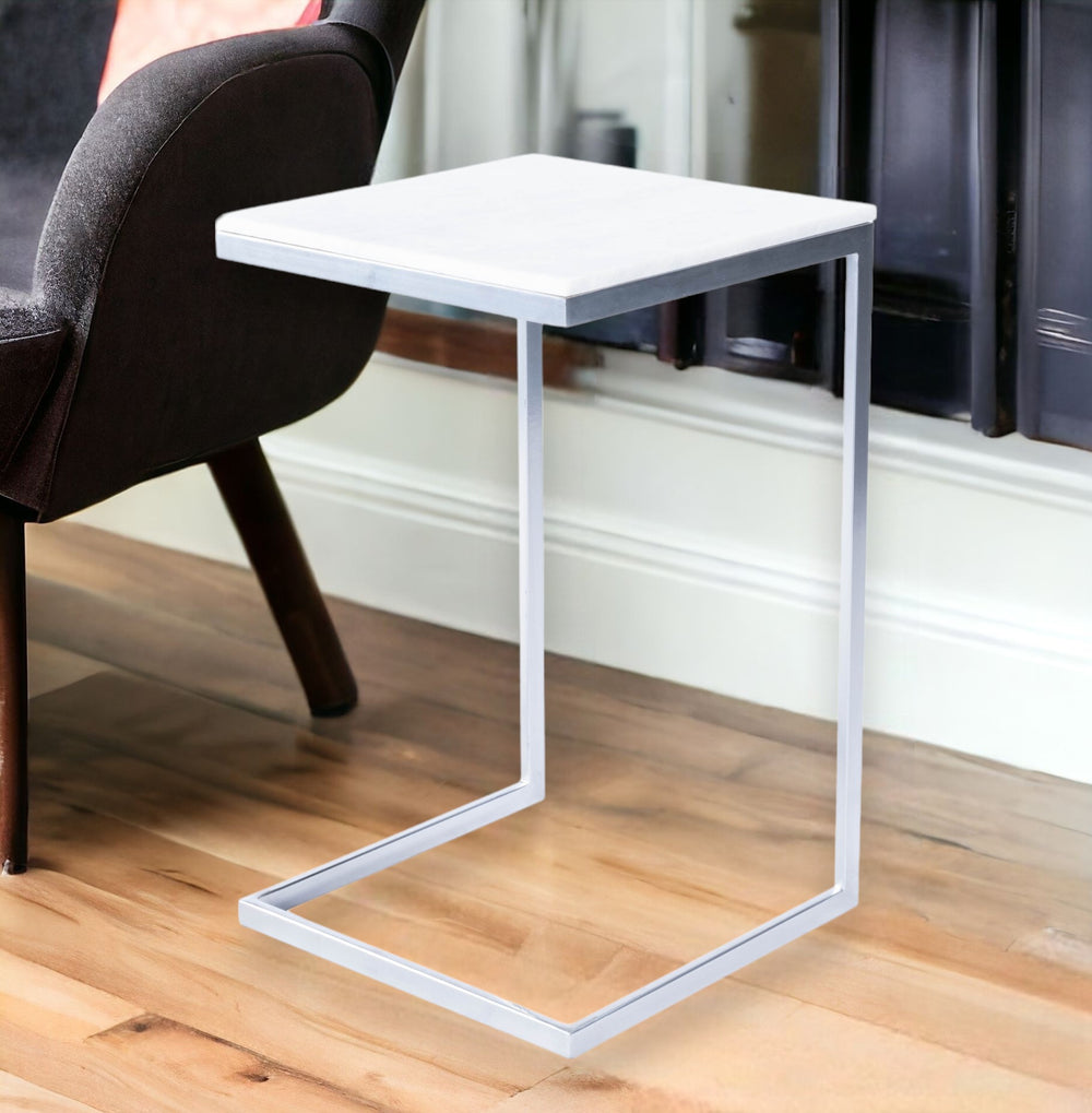 Homeroots 26" Silver And White Marble Square C Shape End Table   488997