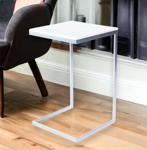 Homeroots 26" Silver And White Marble Square C Shape End Table   488997