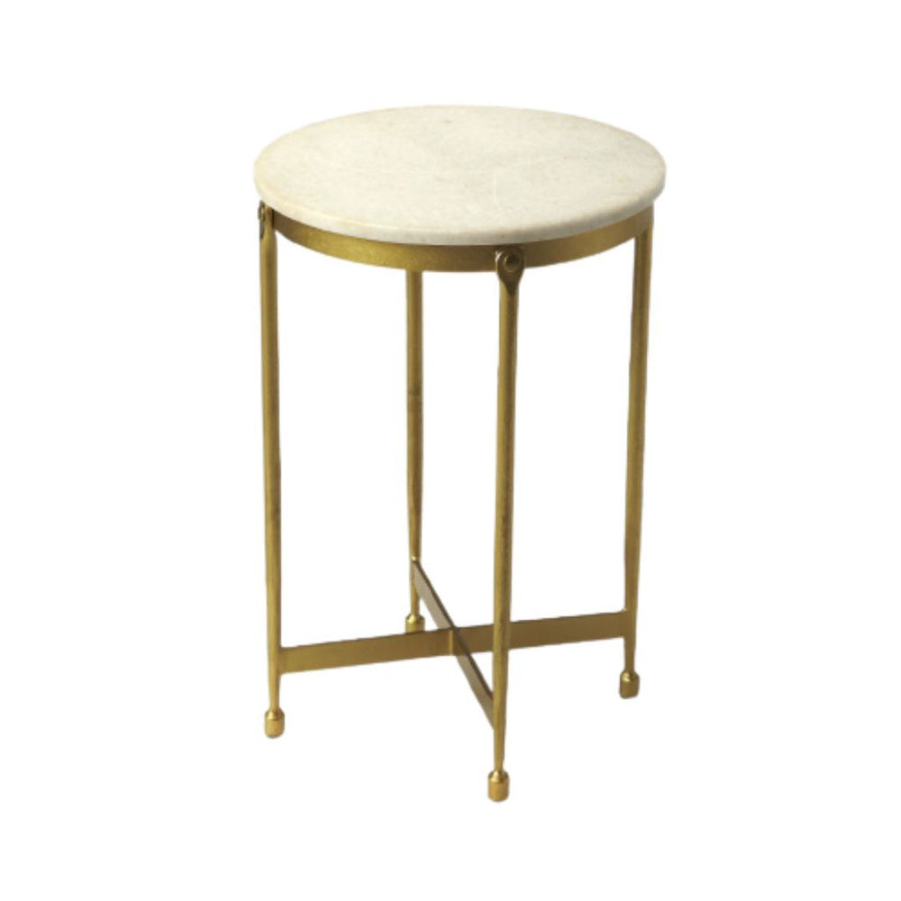 Homeroots 20" Antiqued Gold And White Marble Round End Table   488999