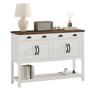 English Elm 47'' Modern Farmhouse Console Storage Table with Two Drawers Four-Door Cabinet and Slatted Shelf for Entryway Living Room Organization and Display Brown,Soft White T3771P372058