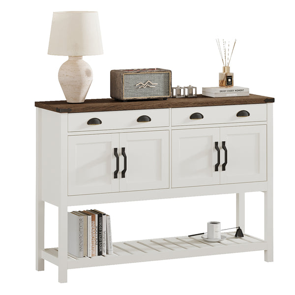 English Elm 47'' Modern Farmhouse Console Storage Table with Two Drawers Four-Door Cabinet and Slatted Shelf for Entryway Living Room Organization and Display Brown,Soft White T3771P372058