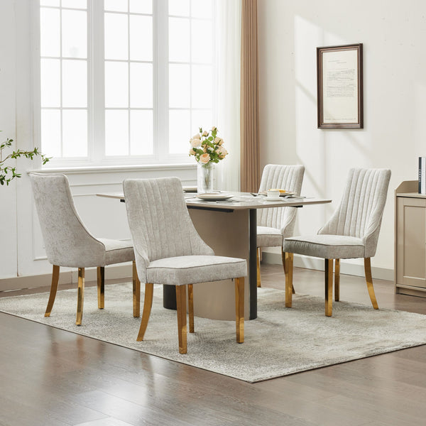 English Elm Rayon High Back Dining Chair Set with Plush Flocking Upholstery, Golden Stainless Legs, Comfort-Focused Design Beige W1143P293313